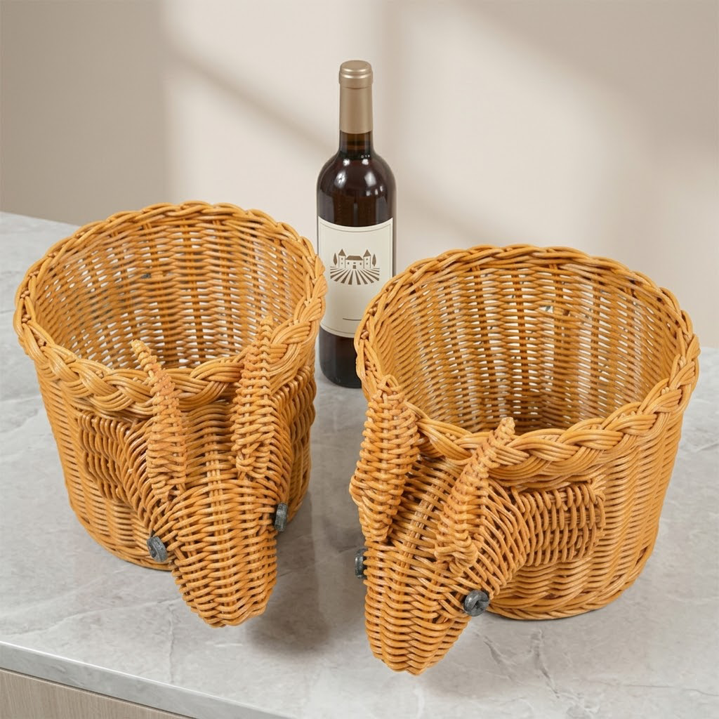 Qravonitacosh Handmade Rabbit Shape Rattan Basket - Small Woven Desktop Snack & Fruit Storage Organizer - Decorative Brown Tray