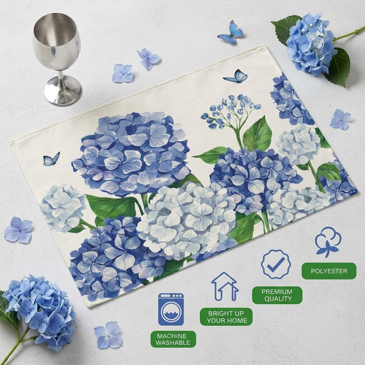 Qravonitacosh Blue Hydrangea & Butterfly Floral Placemats - Set of 4 for Spring/Summer Dining