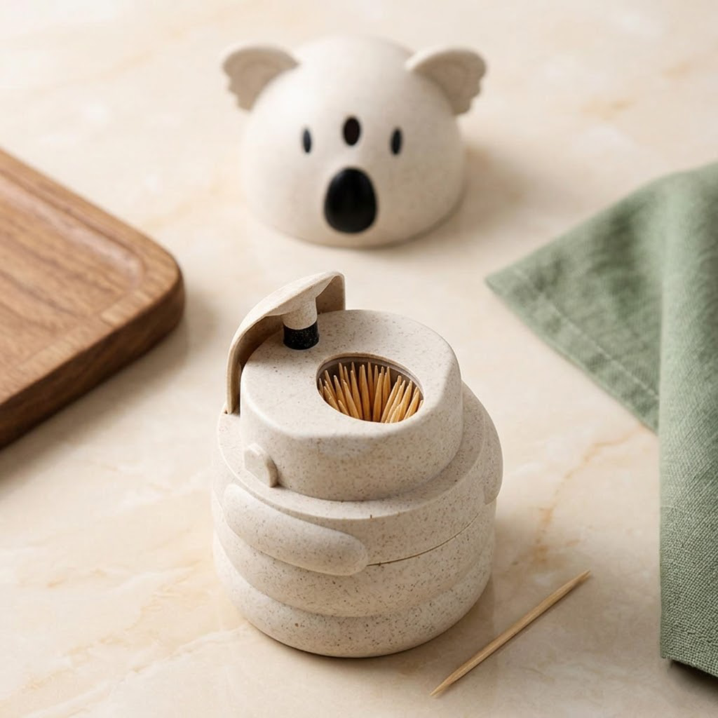 Qravonitacosh Adorable Koala Automatic Toothpick Holder – One-Touch Pop-up Dispenser | Sustainable Eco-Friendly Material | Cute Desktop Decor & Kitchen Accessory