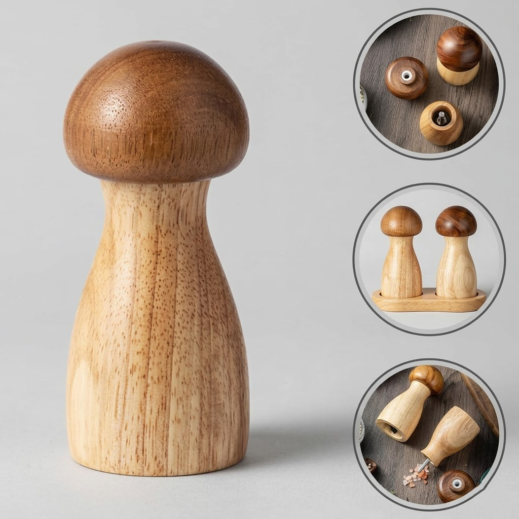 Qravonitacosh Adjustable Wooden Mushroom Pepper Grinder - Manual Kitchen Pepper Mill & Refillable Salt Shaker - Handheld Spice Seasoning Tool