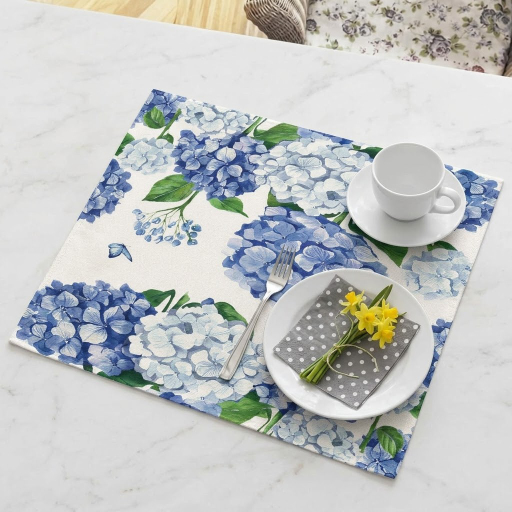 Qravonitacosh Blue Hydrangea & Butterfly Floral Placemats - Set of 4 for Spring/Summer Dining