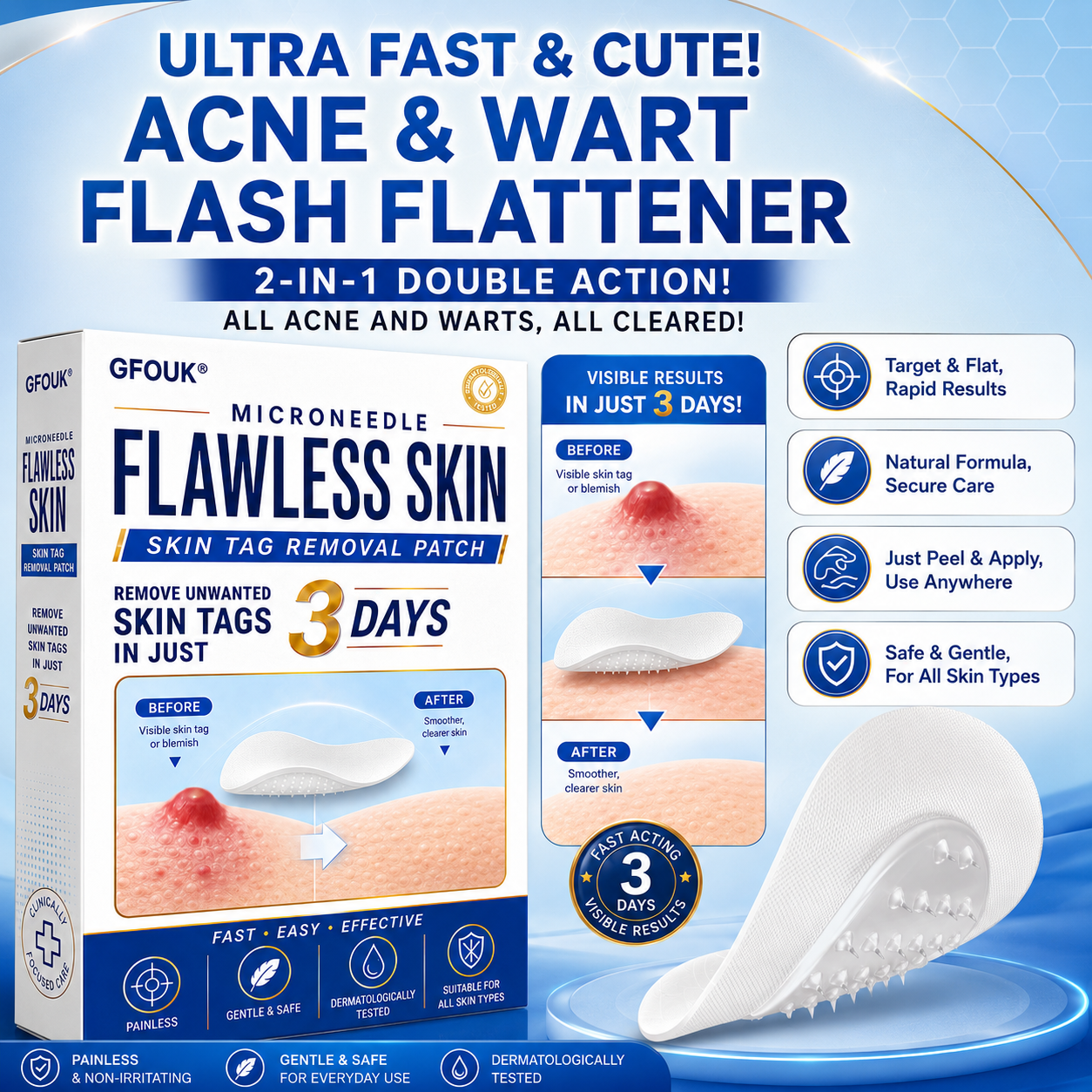 🆕GFOUK® 2026 Newly Upgraded 2-in-1 Microneedle Hydrocolloid Patches | Removes Raised Moles, Acne, Flat Warts, and Skin Tags | Improves Wrinkles, Scars, and Blemishes | Invisible Acne Patches for Face & Body