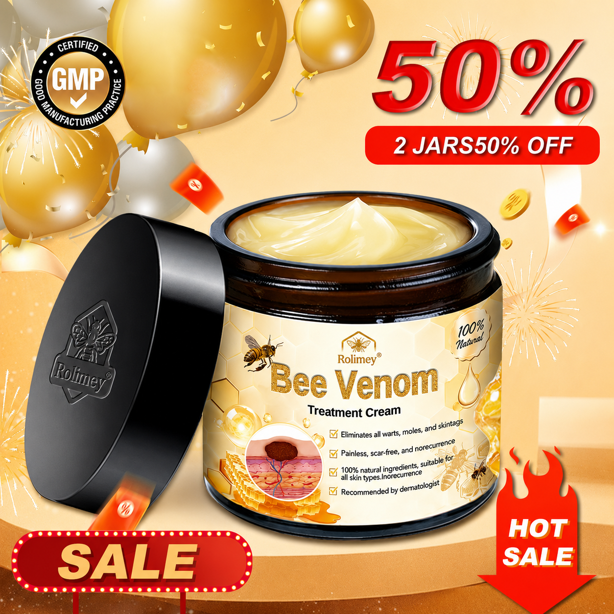 🔥Rolimey™ Bee Venom Skin Treatment Cream British Association of Dermatologists (BAD) Approved(Helping with acne, wart, rosacea, psoriasis, age spots, eczema, and reducing the appearance of stretch marks)🏵️
