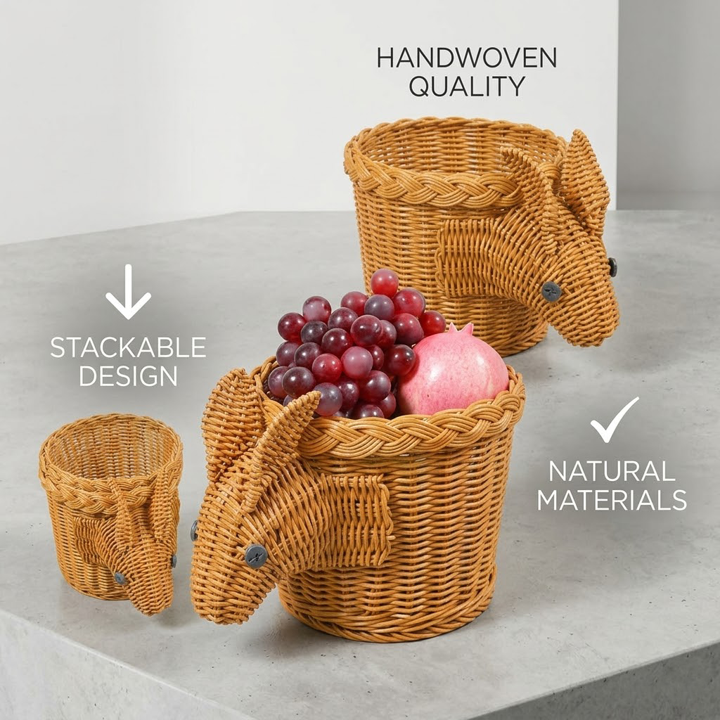 Qravonitacosh Handmade Rabbit Shape Rattan Basket - Small Woven Desktop Snack & Fruit Storage Organizer - Decorative Brown Tray