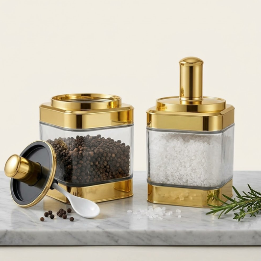 Qravonitacosh Luxury 2-Piece Glass Condiment Jar Set - Decorative Gold Finish Lid & Integrated Spoon - Premium Spice Storage Containers for Modern Kitchen