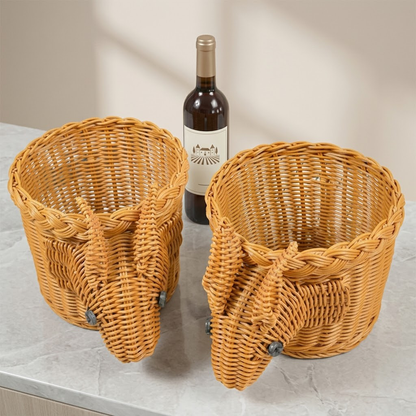 Qravonitacosh Handmade Rabbit Shape Rattan Basket - Small Woven Desktop Snack & Fruit Storage Organizer - Decorative Brown Tray