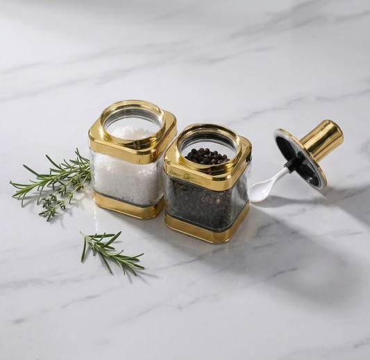 Qravonitacosh Luxury 2-Piece Glass Condiment Jar Set - Decorative Gold Finish Lid & Integrated Spoon - Premium Spice Storage Containers for Modern Kitchen