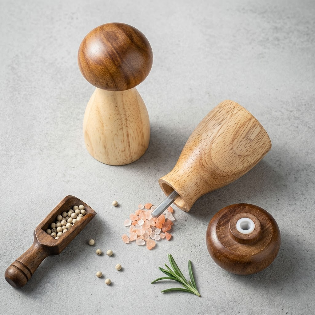 Qravonitacosh Adjustable Wooden Mushroom Pepper Grinder - Manual Kitchen Pepper Mill & Refillable Salt Shaker - Handheld Spice Seasoning Tool