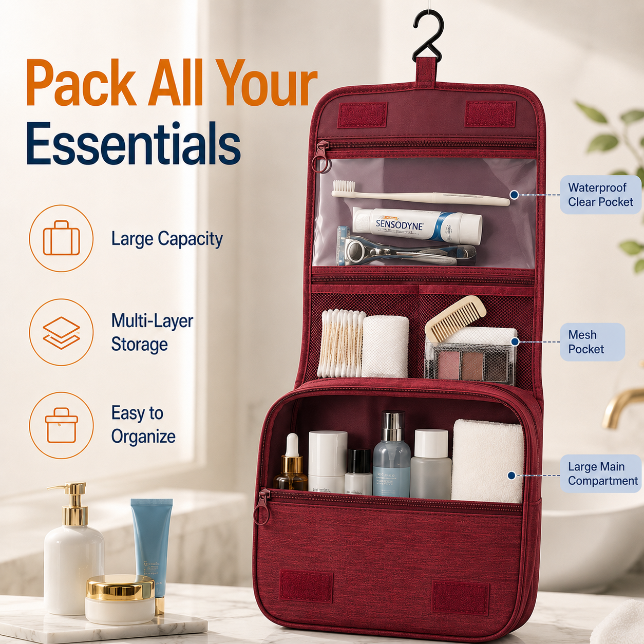 Effortless Travel ✨ Toiletry Organizer Bag - Pack All Your Essentials in Style! 🧳 50% OFF Today Only!