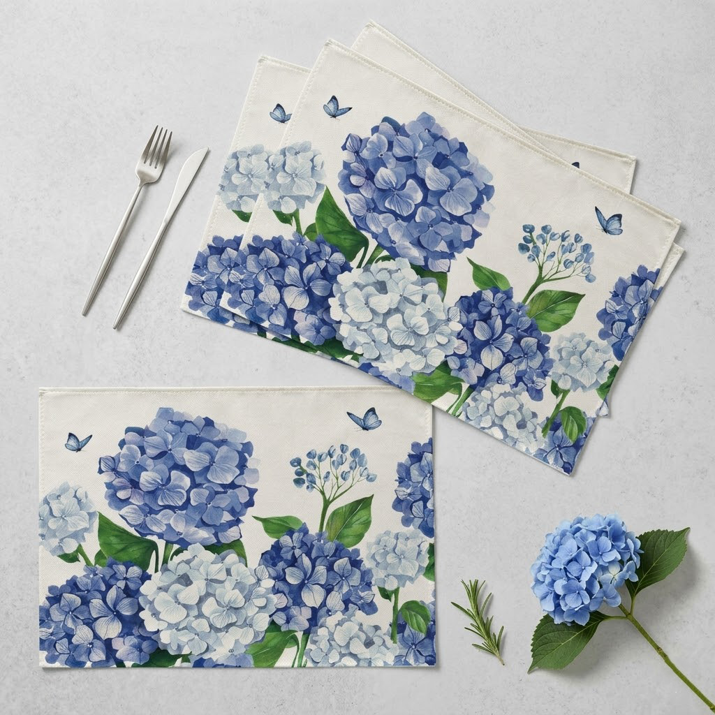 Qravonitacosh Blue Hydrangea & Butterfly Floral Placemats - Set of 4 for Spring/Summer Dining