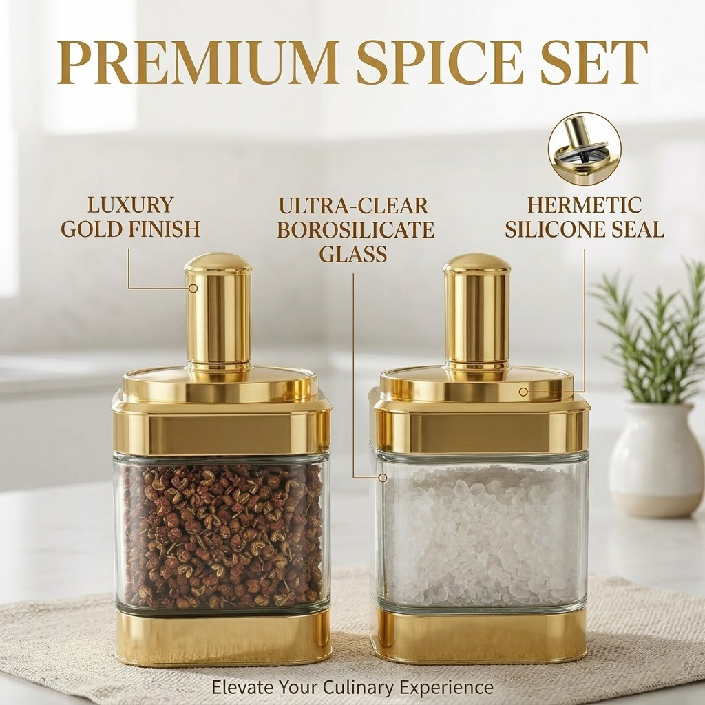 Qravonitacosh Luxury 2-Piece Glass Condiment Jar Set - Decorative Gold Finish Lid & Integrated Spoon - Premium Spice Storage Containers for Modern Kitchen