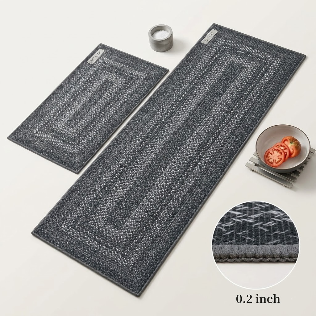 Qravonitacosh Premium 2-Piece Kitchen Mat Set - Non-Slip & Washable Woven Jute Style Rugs (24"x36" & 24"x72") - Durable Kitchen Runner for Floor