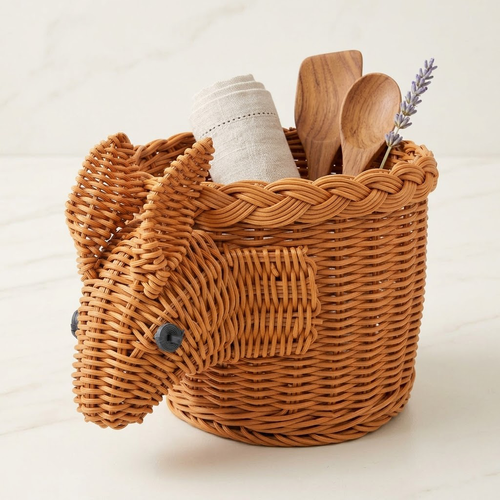 Qravonitacosh Handmade Rabbit Shape Rattan Basket - Small Woven Desktop Snack & Fruit Storage Organizer - Decorative Brown Tray