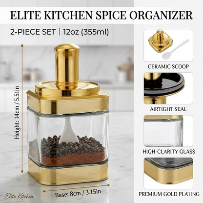 Qravonitacosh Luxury 2-Piece Glass Condiment Jar Set - Decorative Gold Finish Lid & Integrated Spoon - Premium Spice Storage Containers for Modern Kitchen