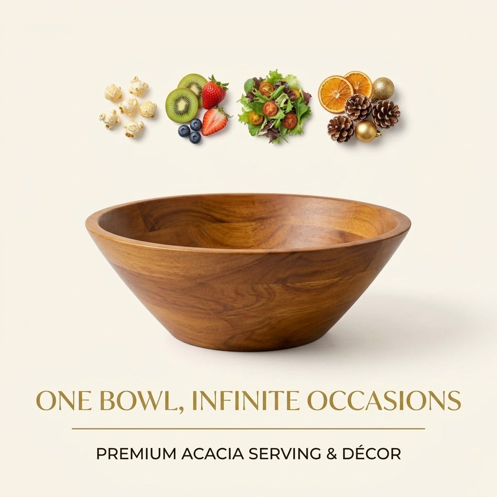 Qravonitacosh Handcrafted Wooden Salad Bowl – Large Serving Bowl for Salad, Pasta, and Fruit – Perfect for Home Kitchen and Outdoor Dining