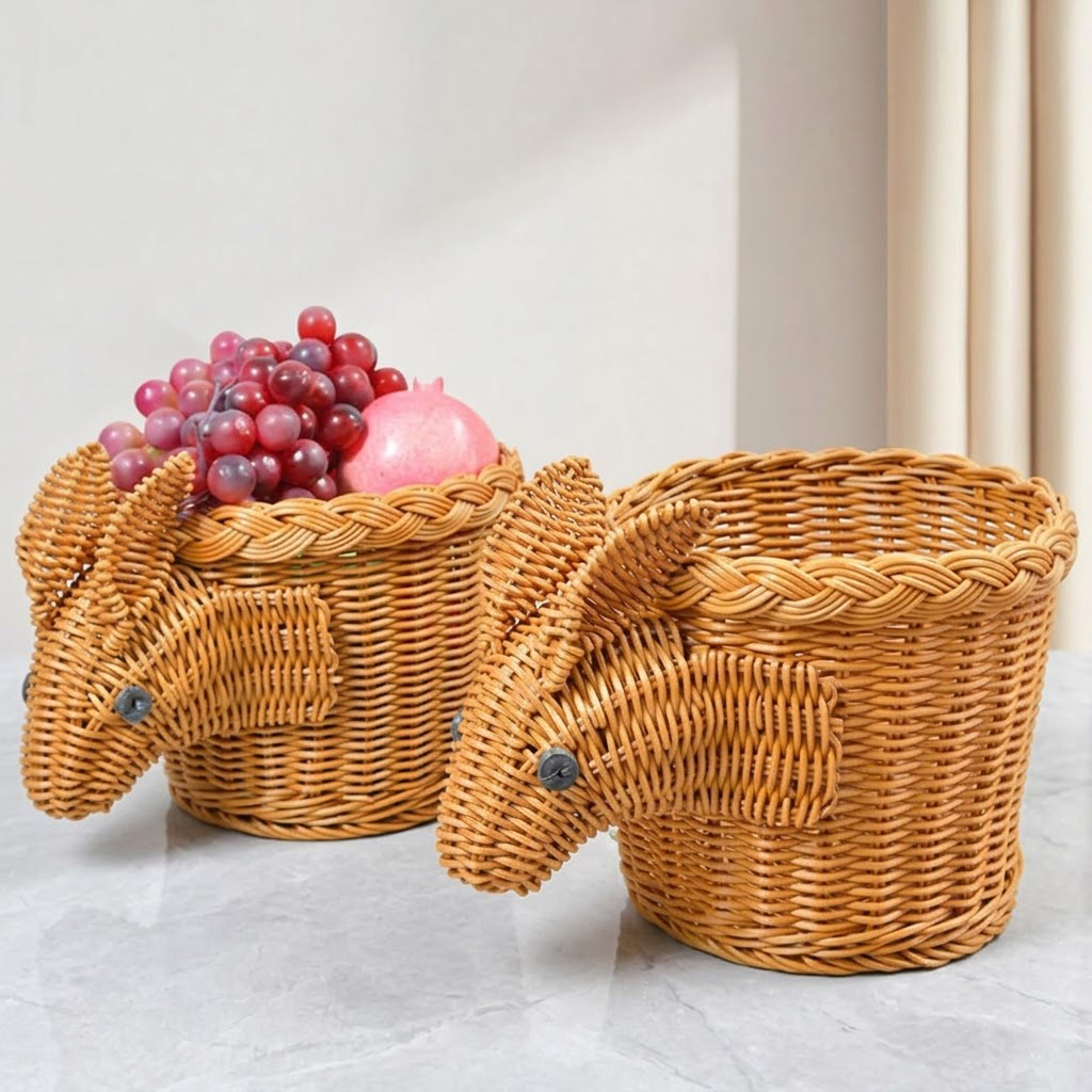Qravonitacosh Handmade Rabbit Shape Rattan Basket - Small Woven Desktop Snack & Fruit Storage Organizer - Decorative Brown Tray