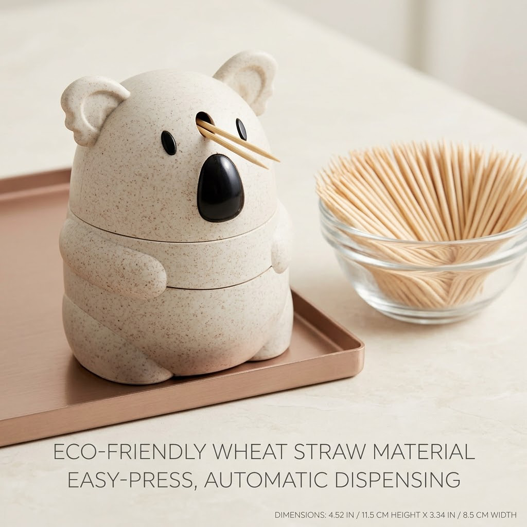 Qravonitacosh Adorable Koala Automatic Toothpick Holder – One-Touch Pop-up Dispenser | Sustainable Eco-Friendly Material | Cute Desktop Decor & Kitchen Accessory